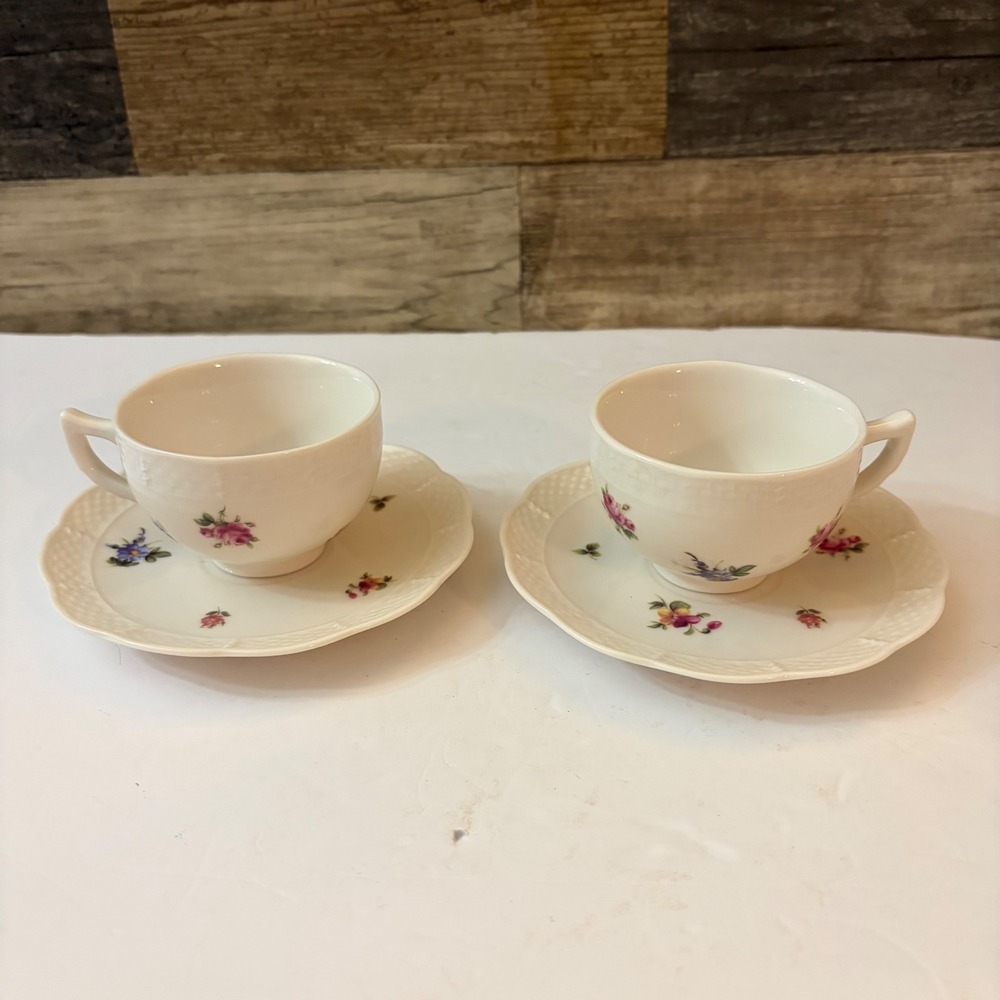 Nantucket Home Floral small Tea Cup & Saucer 2 Cream Basketweave Porcelain